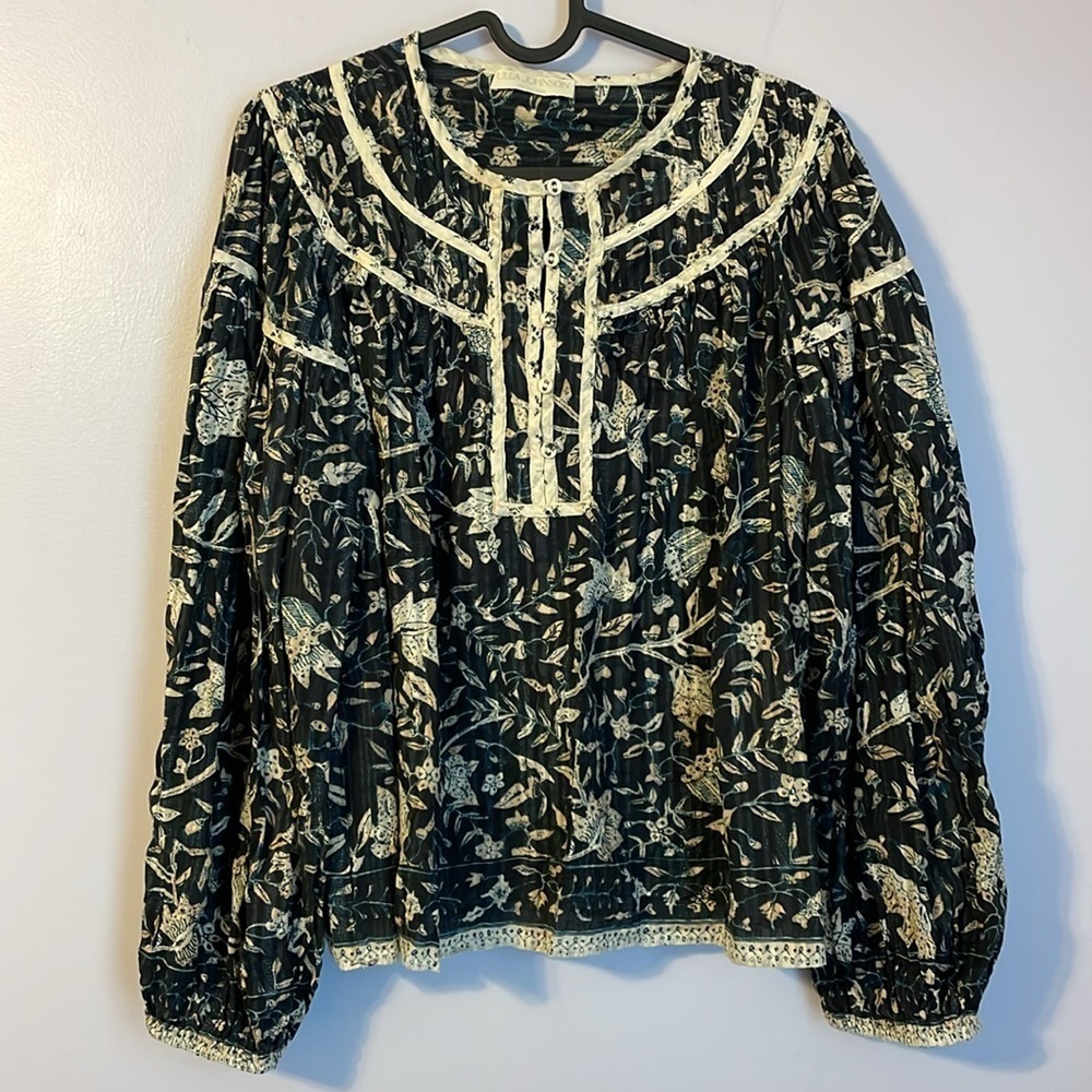 ULLA JOHNSON Kirana Lenai Printed Boho Blouse Navy Pre Fall 2022 Collection 8